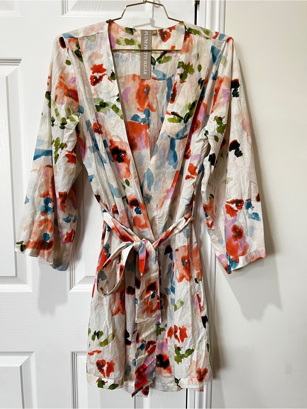Plum Pretty Sugar Watercolor Floral Robe Kimono Size Small 100% Cotton